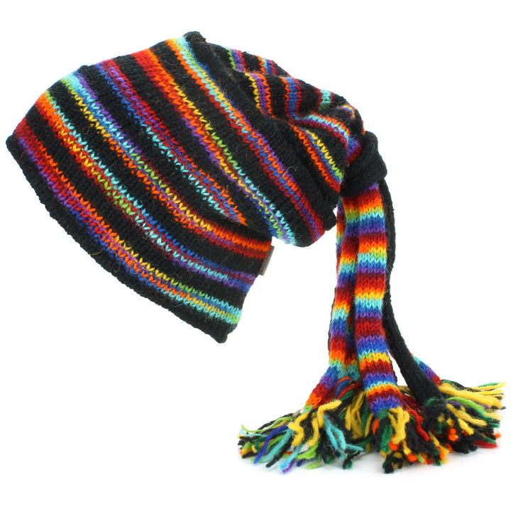 Wool Knit 'Fountain' Tassels Beanie Hat - Black & Rainbow