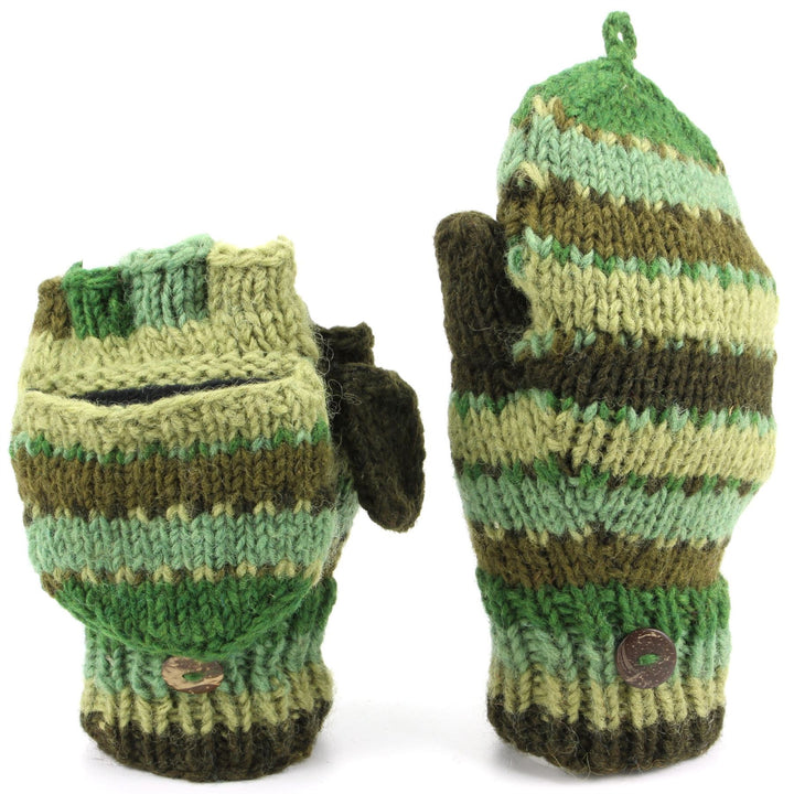 Chunky Wool Knit Fingerless Shooter Gloves - Stripe - Green