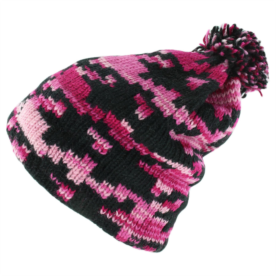 Wool Knit Bobble Beanie Hat - Pink Houndstooth