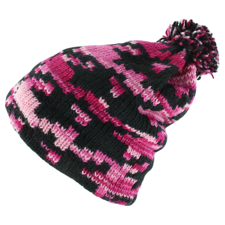 Wool Knit Bobble Beanie Hat - Pink Houndstooth