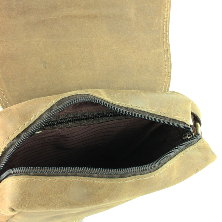Real Leather Shoulder Bag with Front Zip - Brown