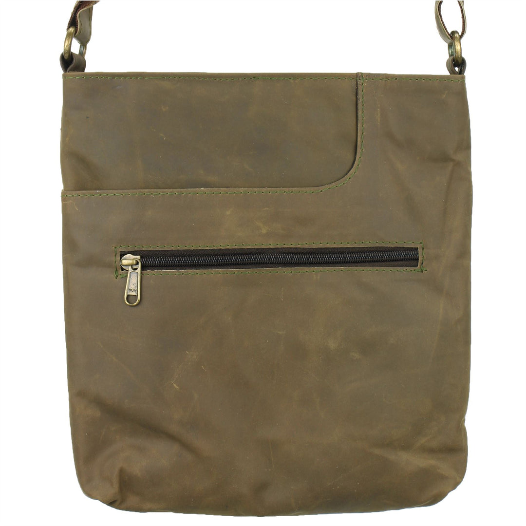 Real Leather Shoulder Bag with Front Zip and Pouch Pocket - Light Brown