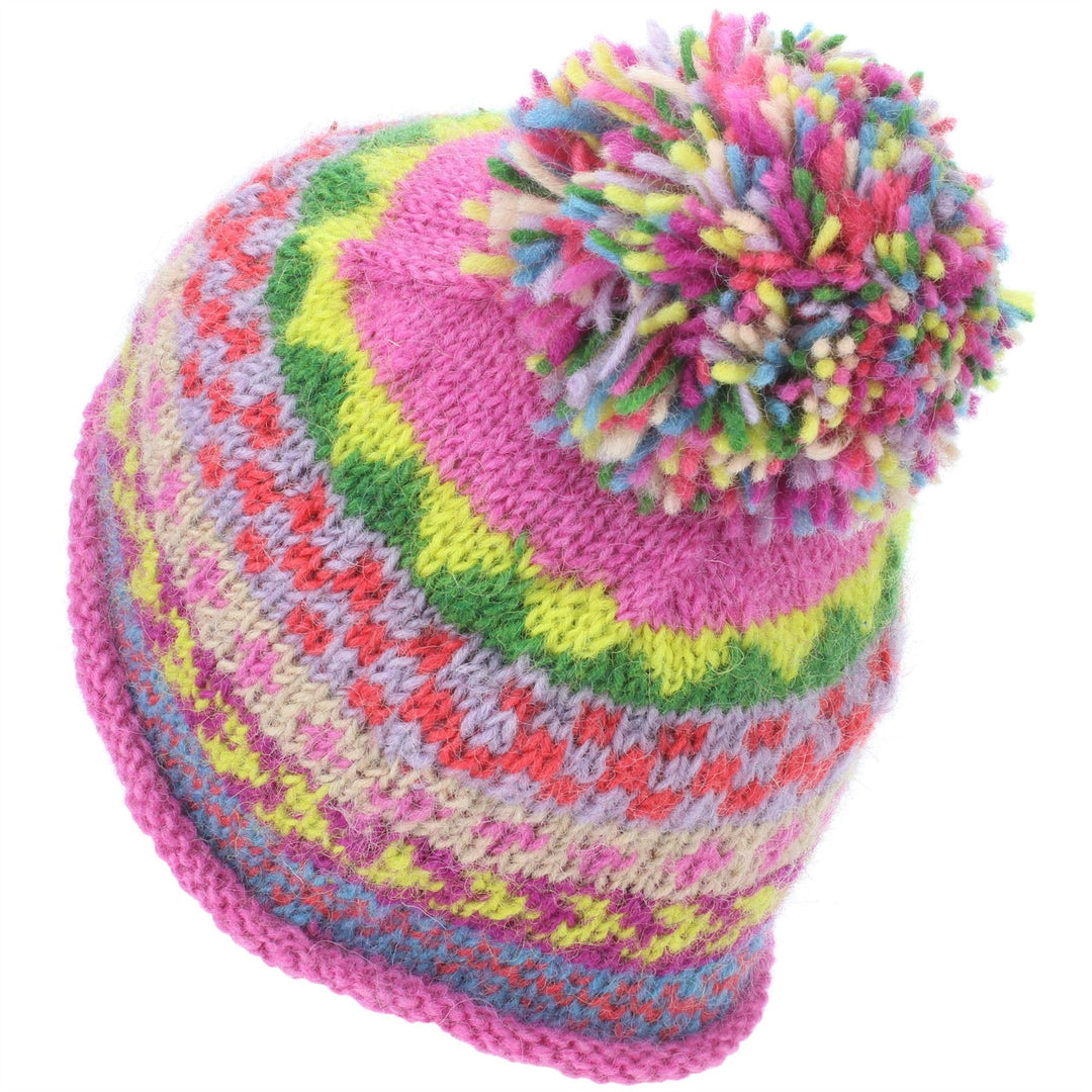Wool Knit Beanie Bobble Hat - Chevron - Pink