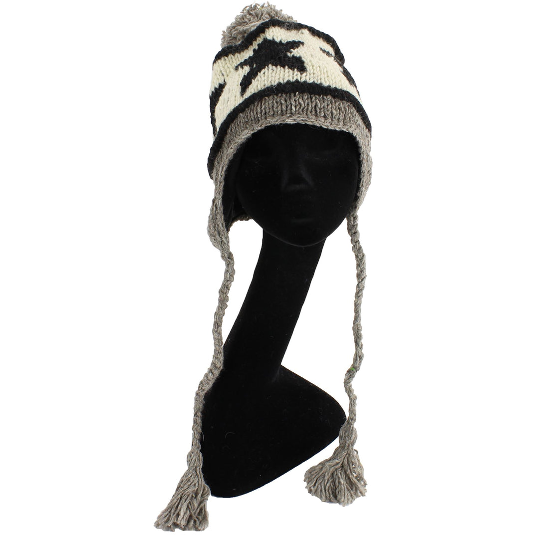 Wool Knit Earflap Bobble Hat - Star Grey