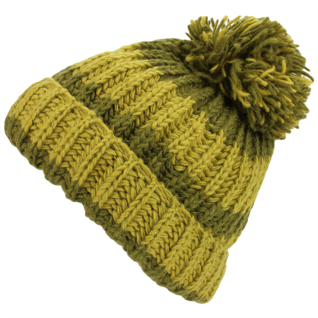Chunky Wool Knit Baggy Slouch Striped Beanie Bobble Hat - Green