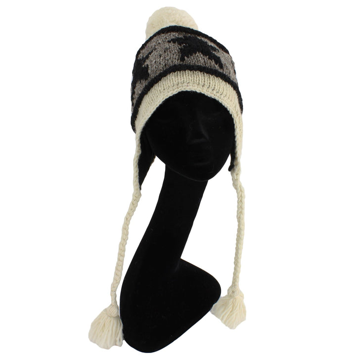 Wool Knit Earflap Bobble Hat - Star Cream