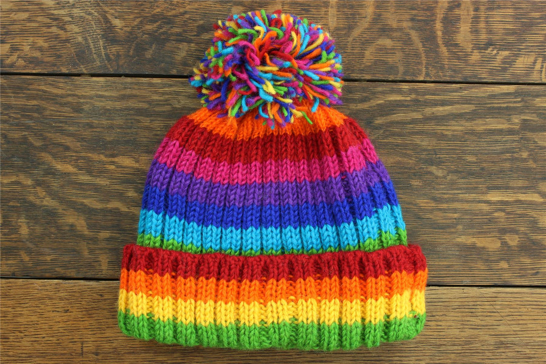 Hand Knitted Wool Beanie Bobble Hat - Stripe Bright Rainbow