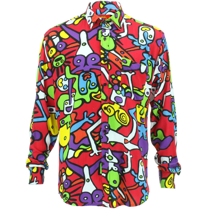 Slim Fit Long Sleeve Rayon Shirt - Tiffy Print - Red