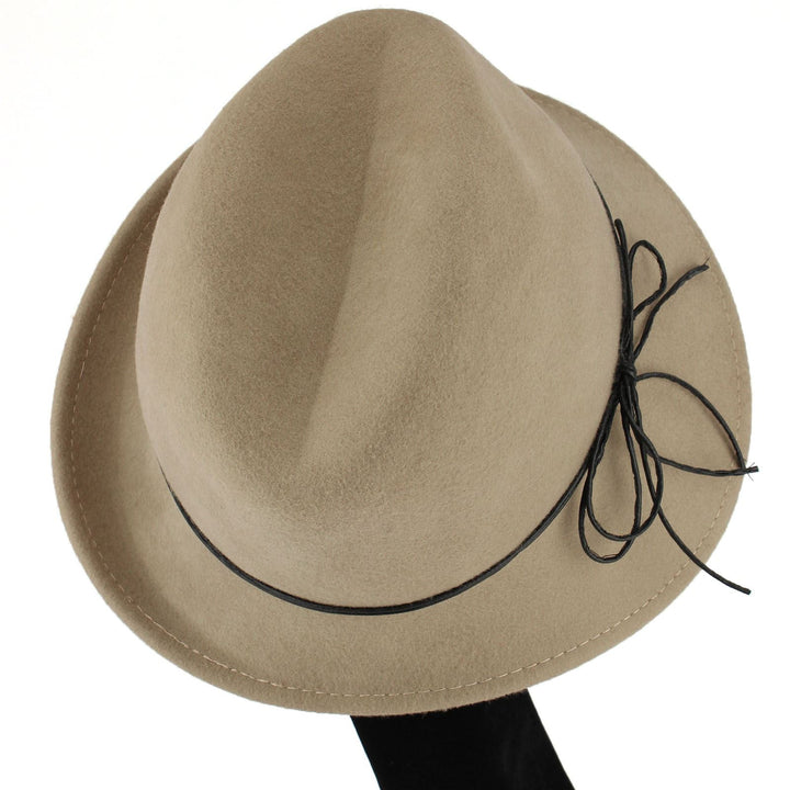 100% Wool felt asymmetric brim trilby hat with cord band - Beige (57cm)