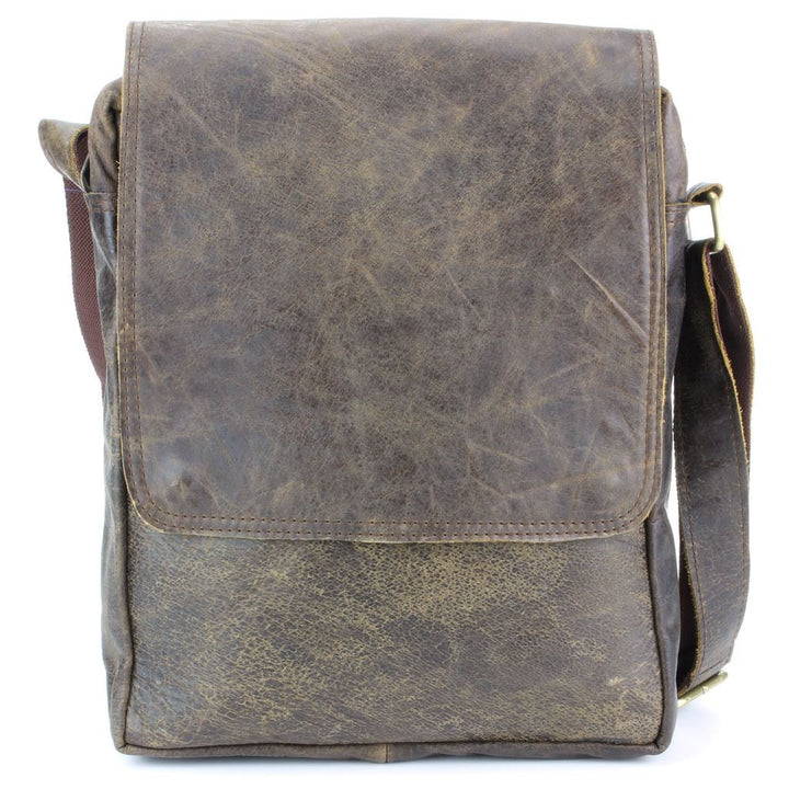 Real Leather Cross Body Messenger Shoulder Bag - Brown