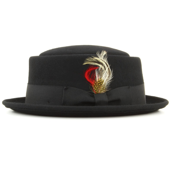 Maz 100% wool Pork pie hat with multicoloured side feather - Black