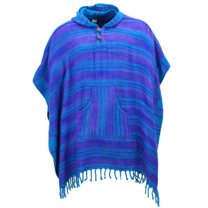 Vegansk uld firkantet hætte poncho med vippe - blå