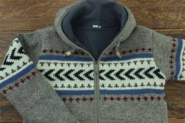 Wool Knit Chevron Hooded Jacket - Grey