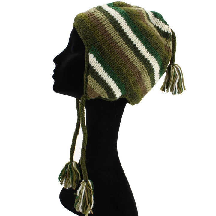 Wool Knit Earflap Tassel Hat - Stripe Green Brown