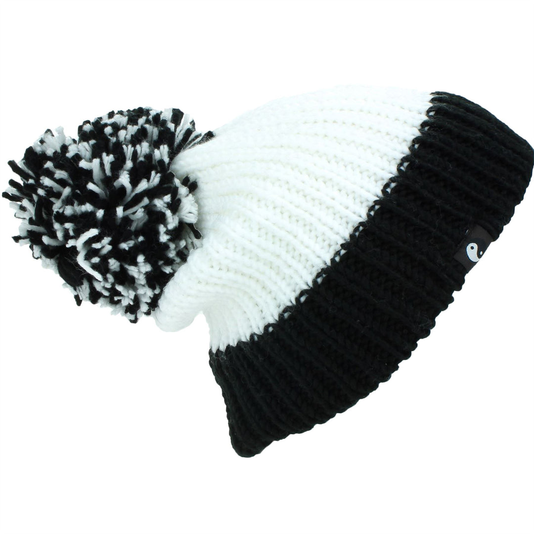 Chunky Acrylic Knit Beanie Hat with a MASSIVE Bobble - Black & White