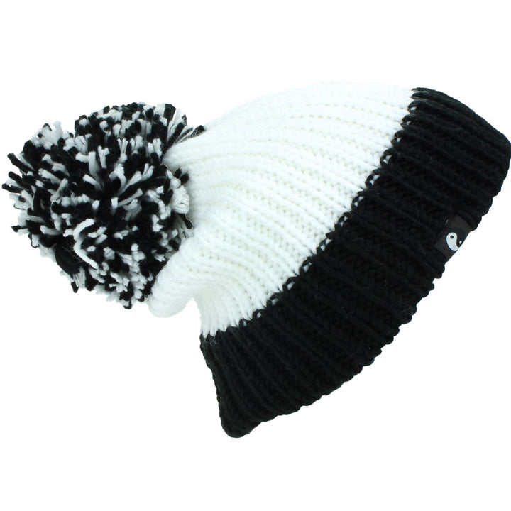 Chunky Acrylic Knit Beanie Hat with a MASSIVE Bobble - Black & White