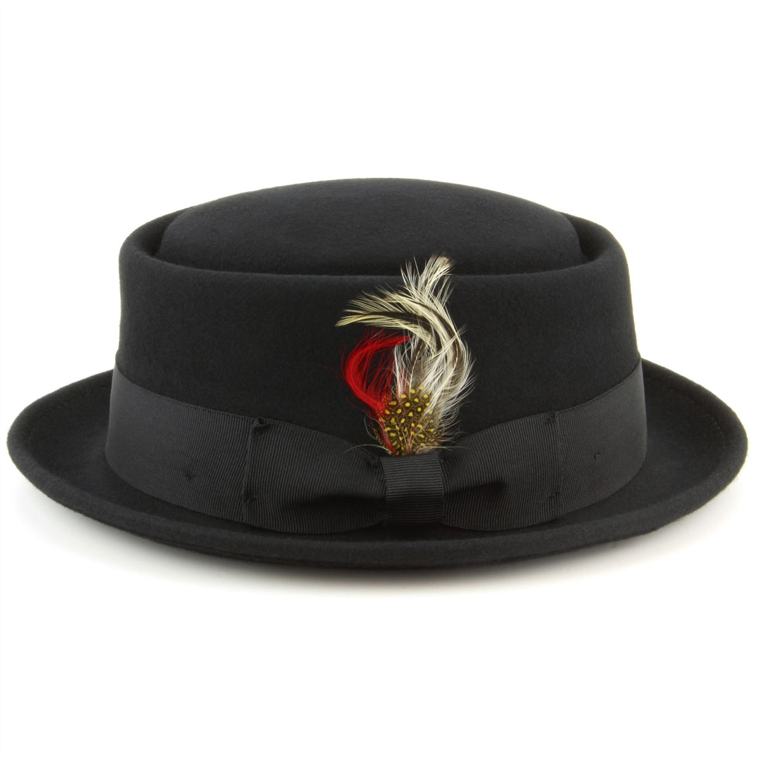 Maz 100% wool Pork pie hat with multicoloured side feather - Black