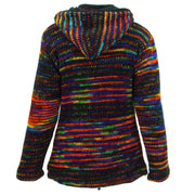 Hand Knitted Wool Hooded Jacket Cardigan Ladies Cut - SD Black Rainbow