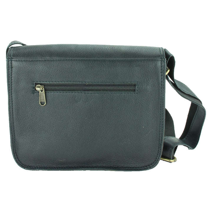 Real Leather Satchel with Front Pocket - Black