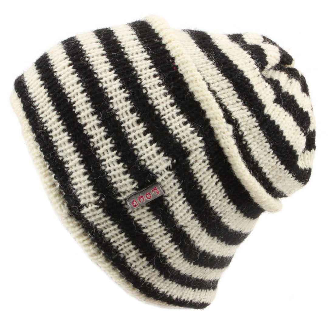 Wool Knit Ridge Beanie Hat with Fleece Lining - White & Black