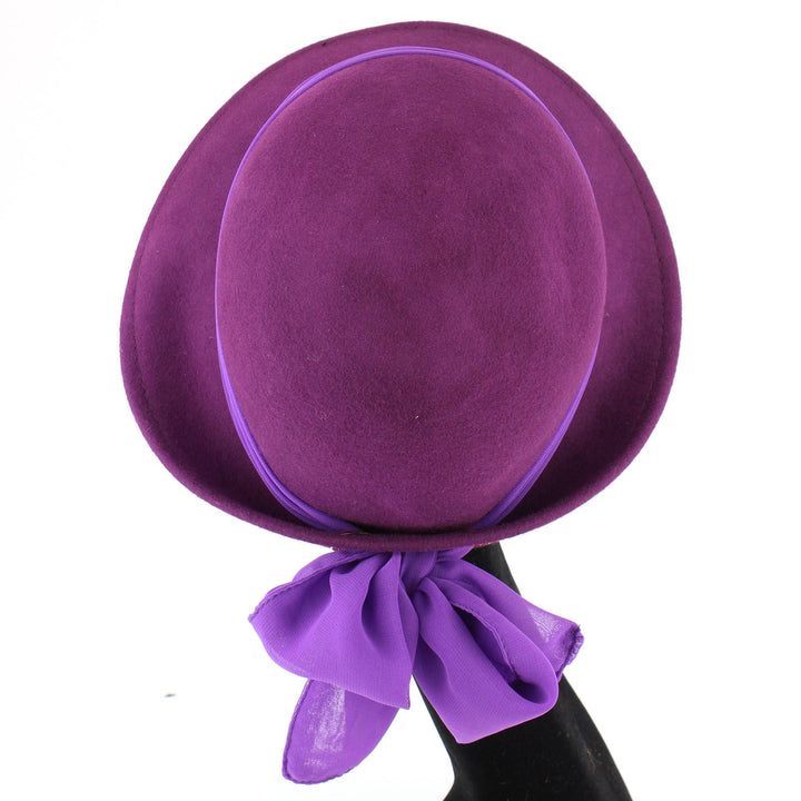 Wool felt cloche hat with wide chiffon band and bow - Purple (57cm)