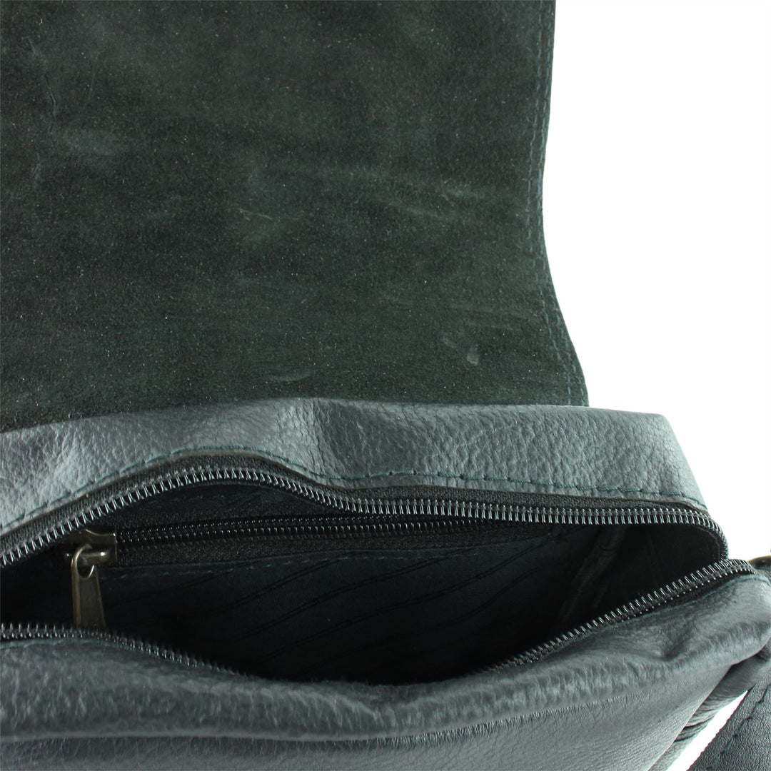 Real Leather Shoulder Bag with Front Zip - Black
