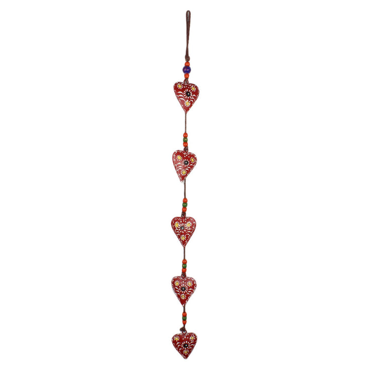 Hanging Mobile Decoration String of Hearts - Red - Brown String