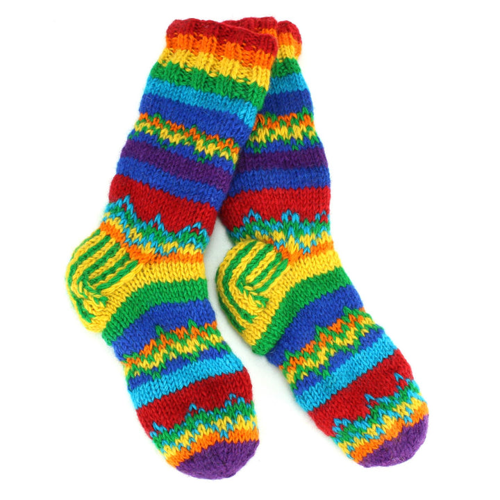 Hand Knitted Wool Slipper Socks Lined - Stripe Rainbow Zig Zag
