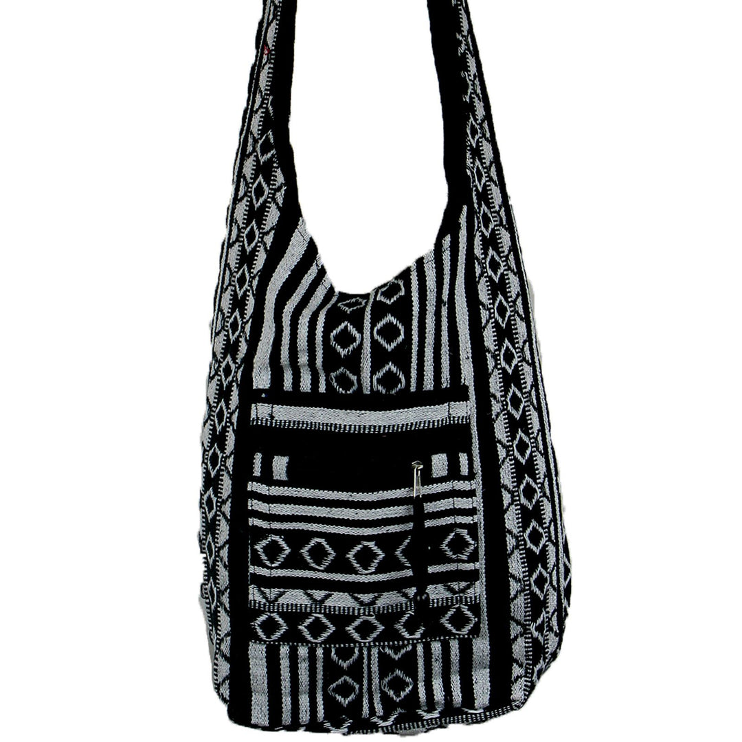 Diamond Pattern Canvas Sling Shoulder Bag - Black White