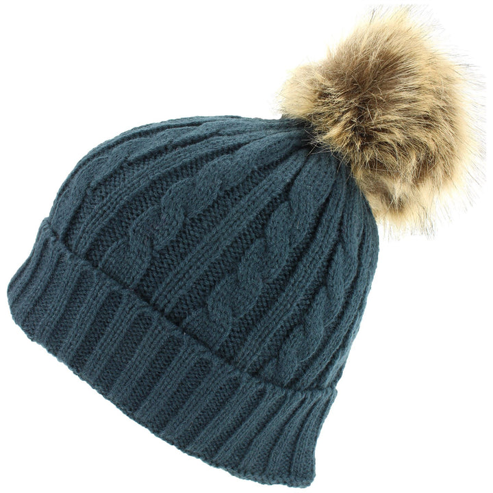 Cable Knit Beanie Hat with Faux Fur Bobble - Navy