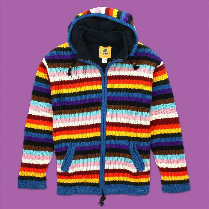 Hand Knitted Wool Hooded Jacket Cardigan - Stripe Progress Rainbow