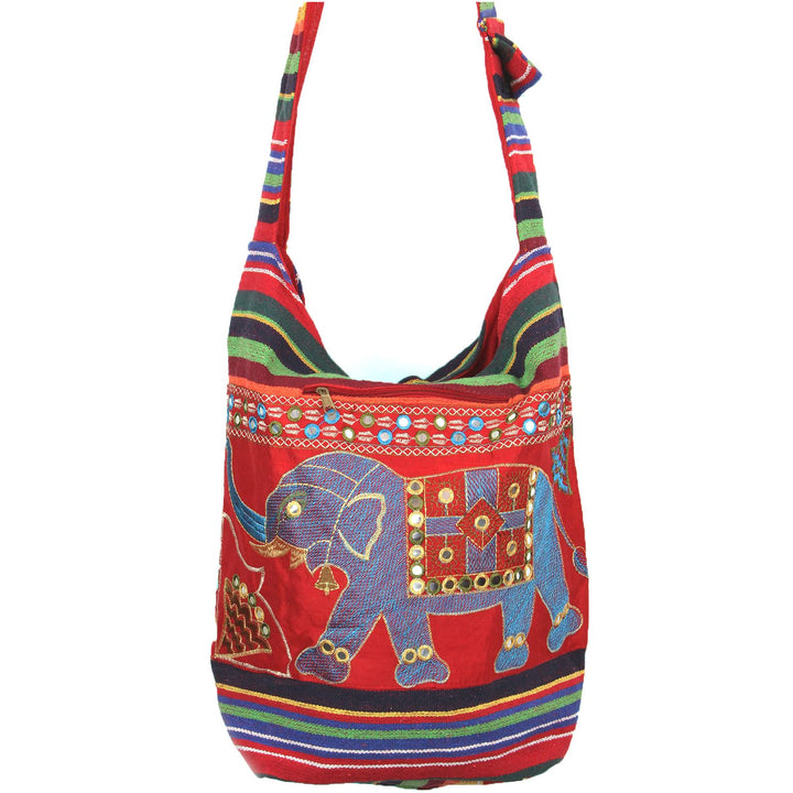 Embroidered Elephant Canvas Sling Shoulder Bag - Red