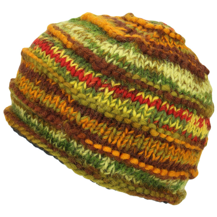 Chunky Ribbed Wool Knit Beanie Hat with Space Dye Design - Green & Brown