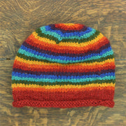 Hand Knitted Wool Beanie Hat - Stripe Dark Rainbow