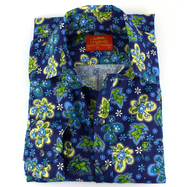Tailored Fit Long Sleeve Shirt - Blue Floral on Navy
