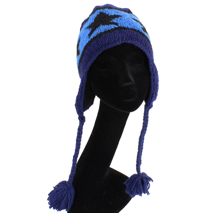 Wool Knit Earflap Tassel Hat - Star Blue