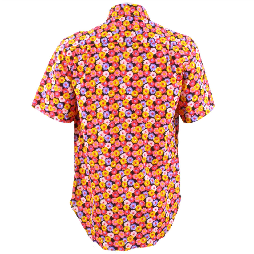 Regular Fit Short Sleeve Shirt - Red Pink & Yellow Floral on Black