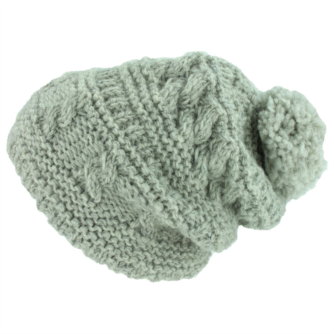 Wool Knit Bobble Beanie Hat - Light Grey