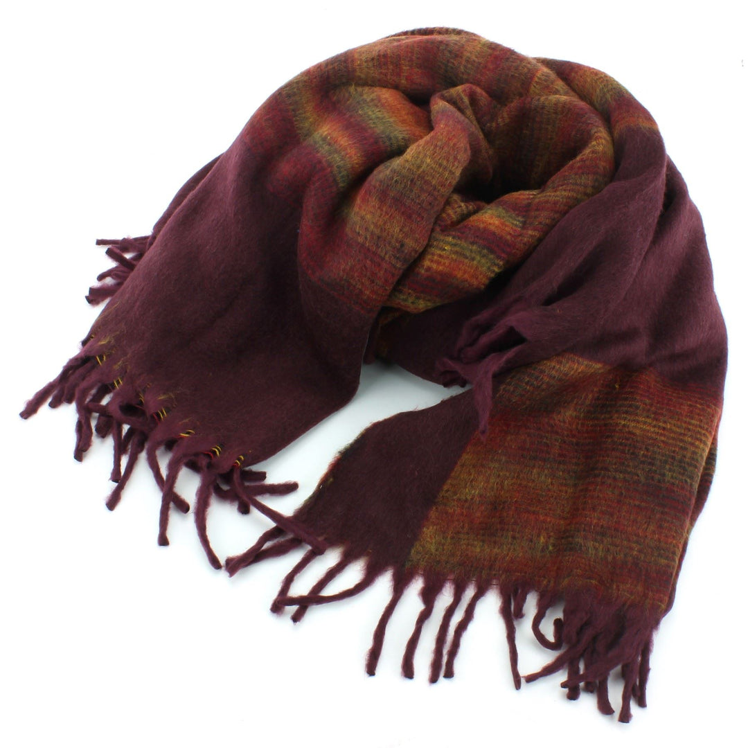 Tibetan Wool Blend Shawl Blanket - Maroon with Sunset Reverse