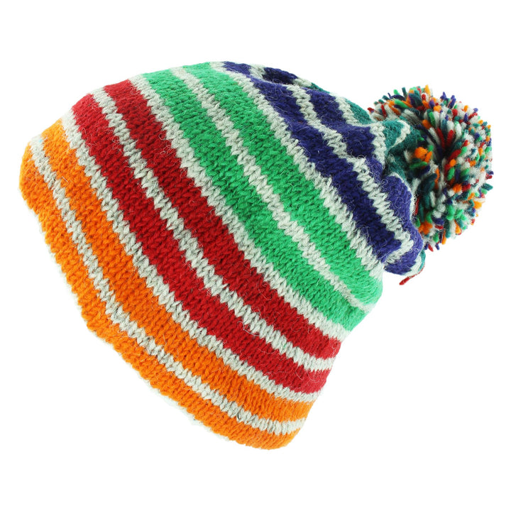 Wool Knit Bobble Beanie Hat - Stripe Green