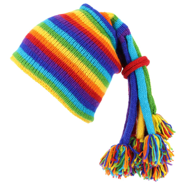 Hand Knitted Beanie Fountain Tassel Hat - Stripe Bright Rainbow