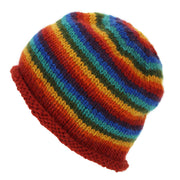 Hand Knitted Wool Beanie Hat - Stripe Dark Rainbow
