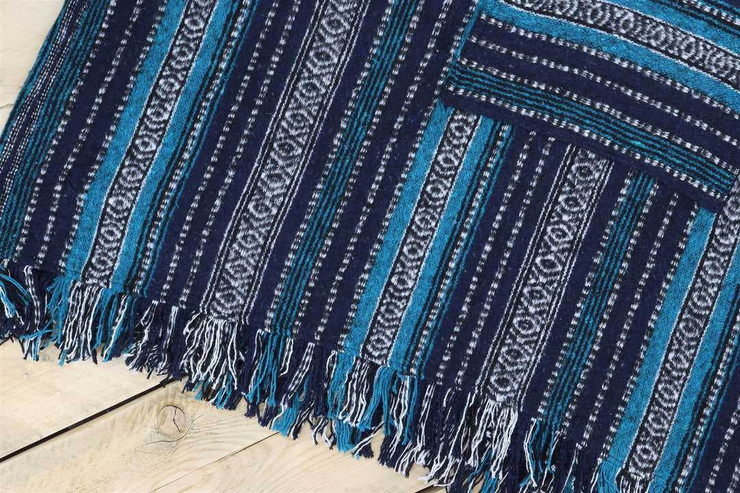 Brushed Cotton Long Hooded Poncho - Blue