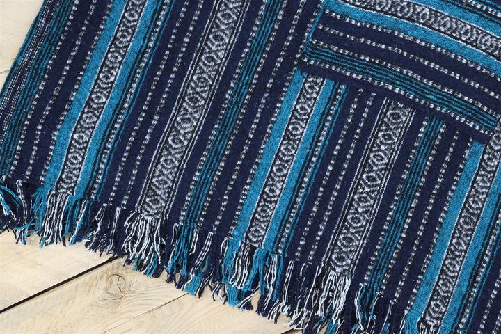 Brushed Cotton Long Hooded Poncho - Blue