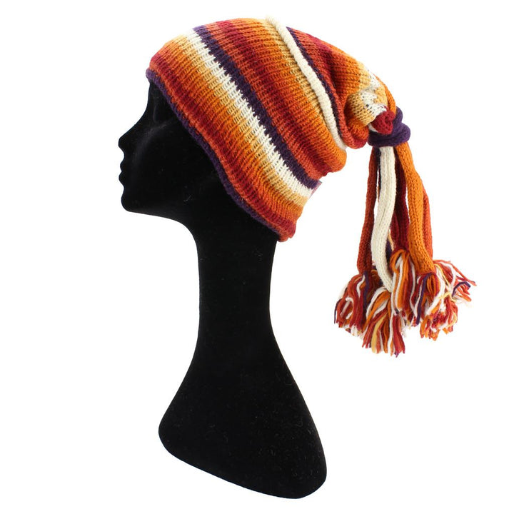 Wool Knit 'Fountain' Tassels Beanie Hat - Orange Rust