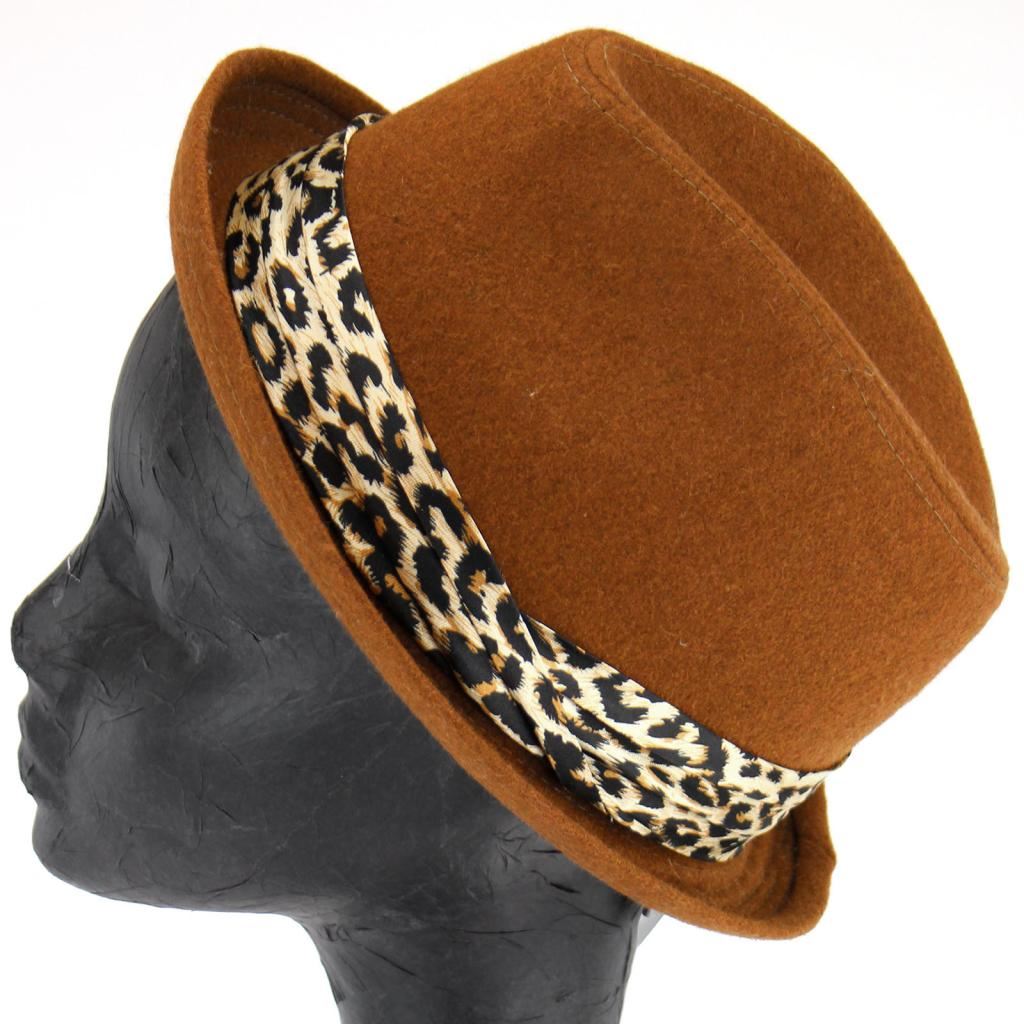 Women's felt rolled brim trilby hat with satin leopard print band - Brown (57cm)