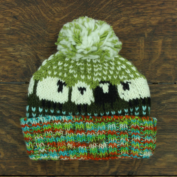 Hand Knitted Wool Beanie Bobble Hat - Sheep - Green Multi