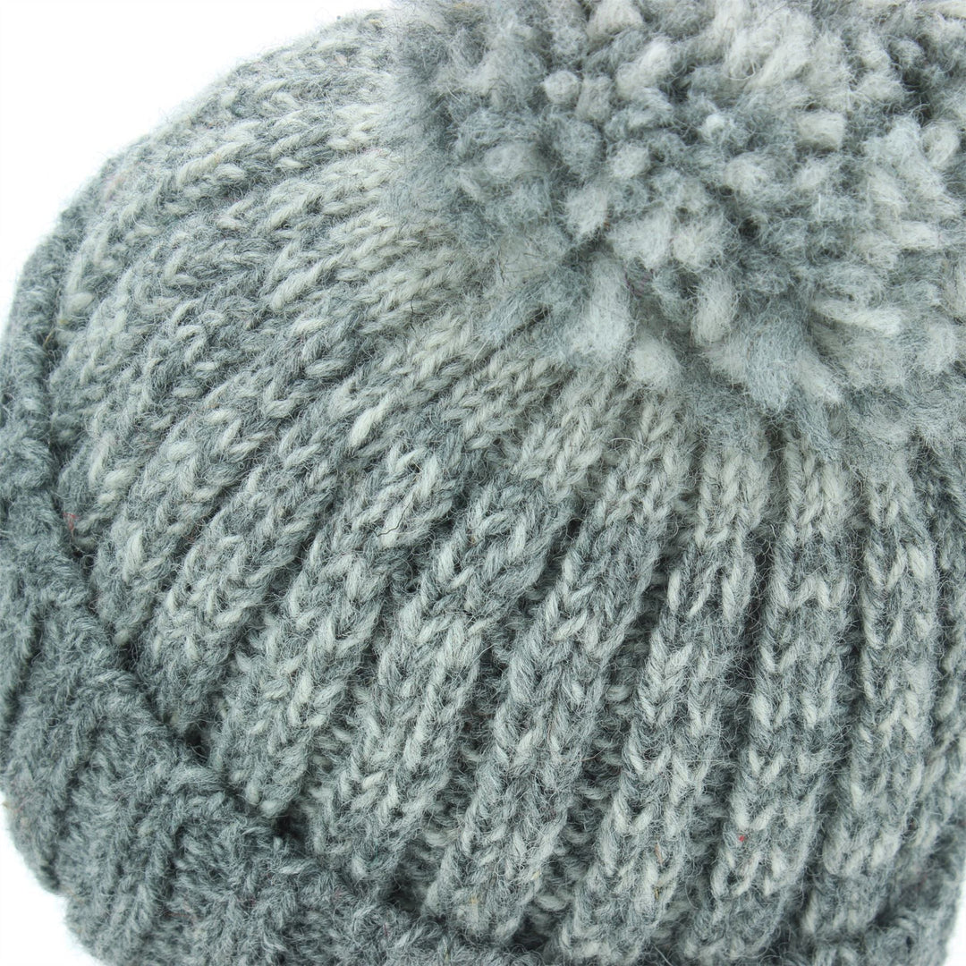 Wool Knit Bobble Beanie Hat - Grey