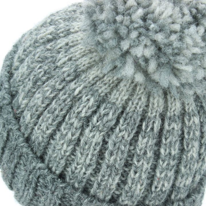 Wool Knit Bobble Beanie Hat - Grey