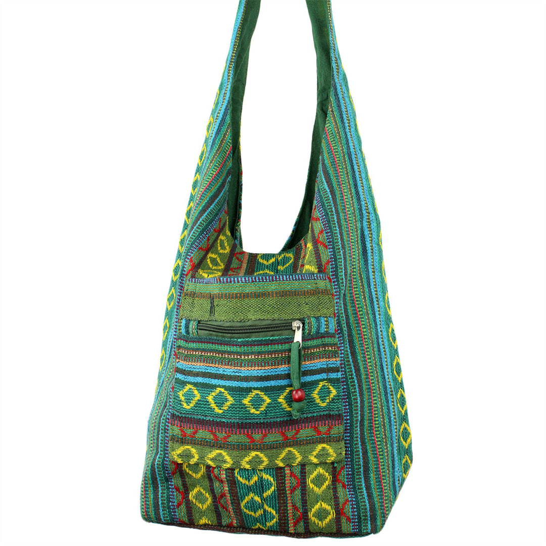 Diamond Pattern Canvas Sling Shoulder Bag - Green